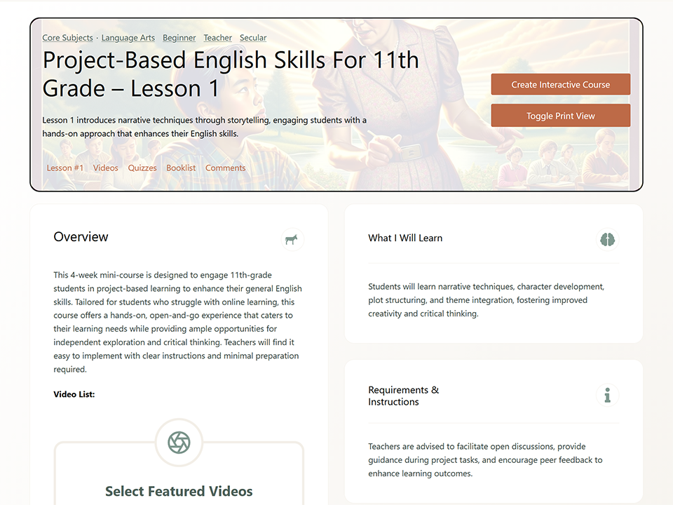Screenshot of HomeschoolMule.com generated course